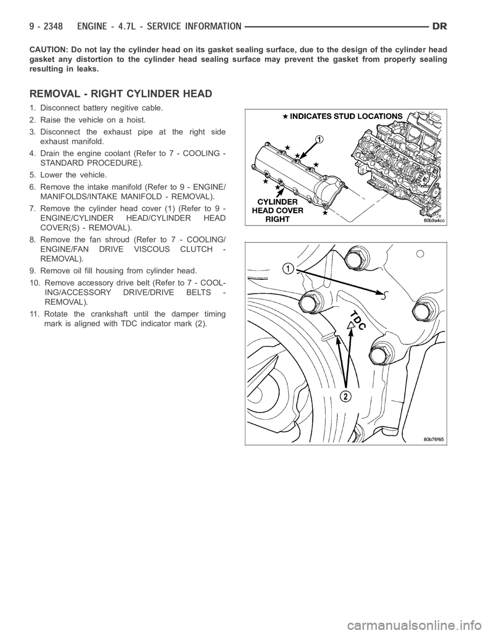 DODGE RAM SRT-10 2006 Service Repair Manual CAUTION: Do not lay the cylinder head on its gasket sealing surface, due to the design of the cylinder head
gasket any distortion to the cylinder head sealing surface may prevent thegasket from proper DODGE RAM SRT-10 2006 Service Repair Manual CAUTION: Do not lay the cylinder head on its gasket sealing surface, due to the design of the cylinder head
gasket any distortion to the cylinder head sealing surface may prevent thegasket from proper