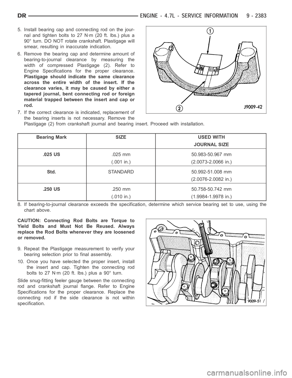 DODGE RAM SRT-10 2006  Service Repair Manual 5. Install bearing cap and connecting rod on the jour-
nal and tighten bolts to 27 Nꞏm (20 ft. lbs.) plus a
90° turn. DO NOT rotate crankshaft. Plastigage will
smear, resulting in inaccurate indica