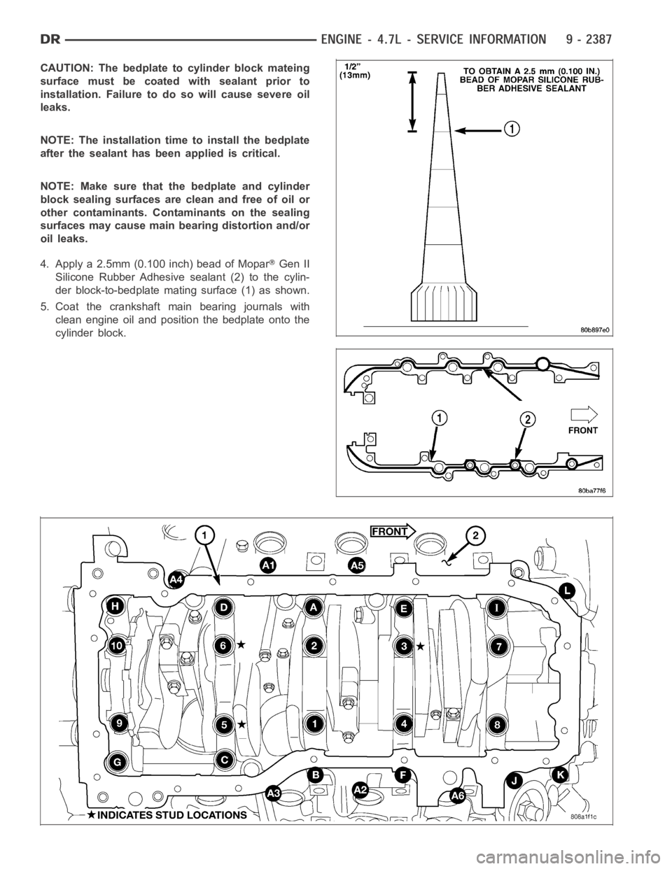DODGE RAM SRT-10 2006  Service Repair Manual CAUTION: The bedplate to cylinder block mateing
surface must be coated with sealant prior to
installation. Failure to do so will cause severe oil
leaks.
NOTE: The installation time to install the bedp