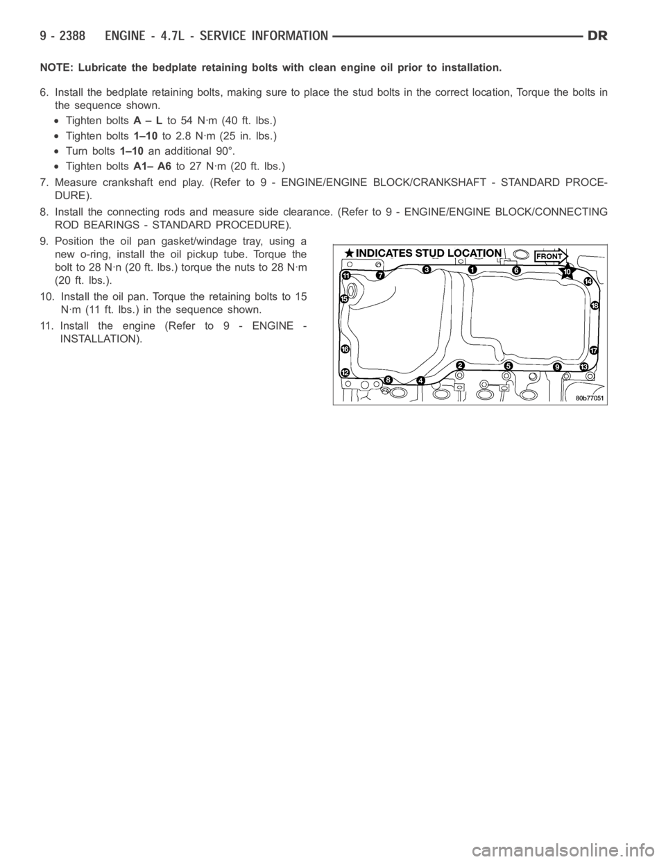 DODGE RAM SRT-10 2006  Service Repair Manual NOTE: Lubricate the bedplate retaining bolts with clean engine oil prior to installation.
6. Install the bedplate retaining bolts, making sure to place the stud bolts in the correct location, Torque t