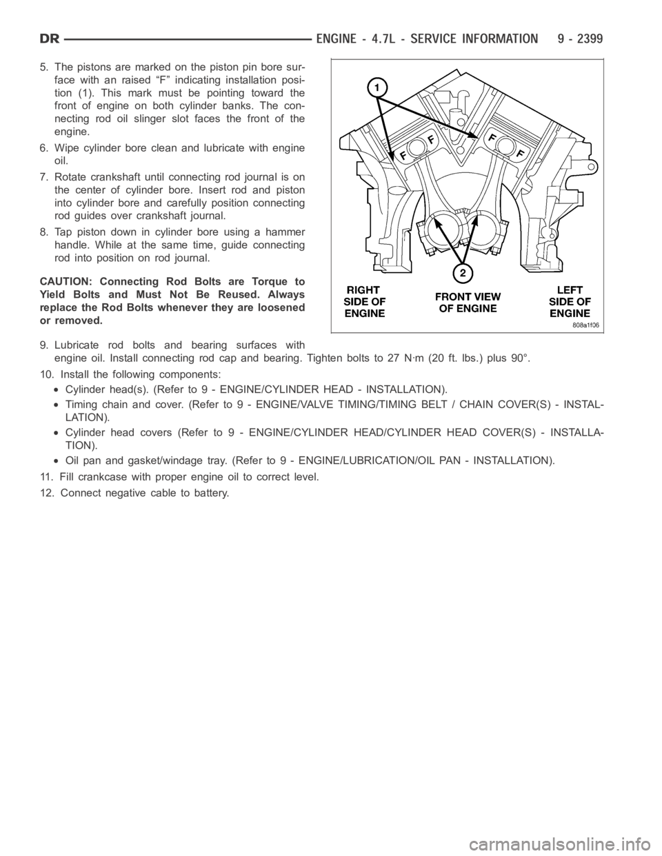 DODGE RAM SRT-10 2006 Service Repair Manual 5. The pistons are marked on the piston pin bore sur-
face with an raised “F” indicating installation posi-
tion (1). This mark must be pointing toward the
front of engine on both cylinder banks. DODGE RAM SRT-10 2006 Service Repair Manual 5. The pistons are marked on the piston pin bore sur-
face with an raised “F” indicating installation posi-
tion (1). This mark must be pointing toward the
front of engine on both cylinder banks.