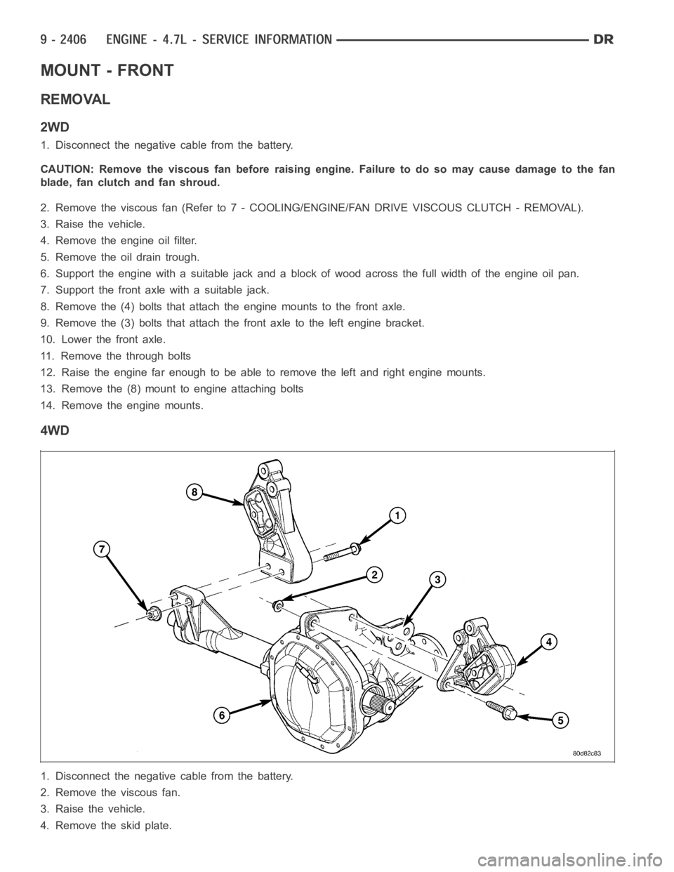 DODGE RAM SRT-10 2006 Service Repair Manual MOUNT - FRONT
REMOVAL
2WD
1. Disconnect the negative cable from the battery.
CAUTION: Remove the viscous fan before raising engine. Failure to do so maycause damage to the fan
blade, fan clutch and fa DODGE RAM SRT-10 2006 Service Repair Manual MOUNT - FRONT
REMOVAL
2WD
1. Disconnect the negative cable from the battery.
CAUTION: Remove the viscous fan before raising engine. Failure to do so maycause damage to the fan
blade, fan clutch and fa