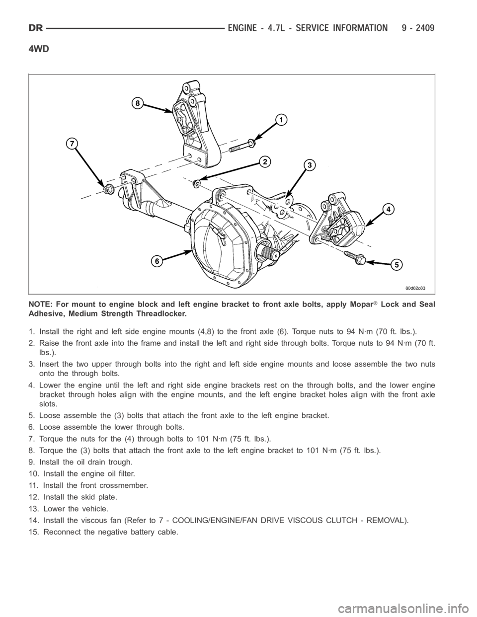 DODGE RAM SRT-10 2006 Service Repair Manual 4WD
NOTE: For mount to engine block and left engine bracket to front axle bolts,apply MoparLock and Seal
Adhesive, Medium Strength Threadlocker.
1. Install the right and left side engine mounts (4,8) DODGE RAM SRT-10 2006 Service Repair Manual 4WD
NOTE: For mount to engine block and left engine bracket to front axle bolts,apply MoparLock and Seal
Adhesive, Medium Strength Threadlocker.
1. Install the right and left side engine mounts (4,8)