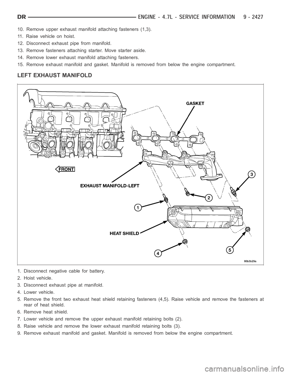 DODGE RAM SRT-10 2006  Service Repair Manual 10. Remove upper exhaust manifold attaching fasteners (1,3).
11. Raise vehicle on hoist.
12. Disconnect exhaust pipe from manifold.
13. Remove fasteners attaching starter. Move starter aside.
14. Remo