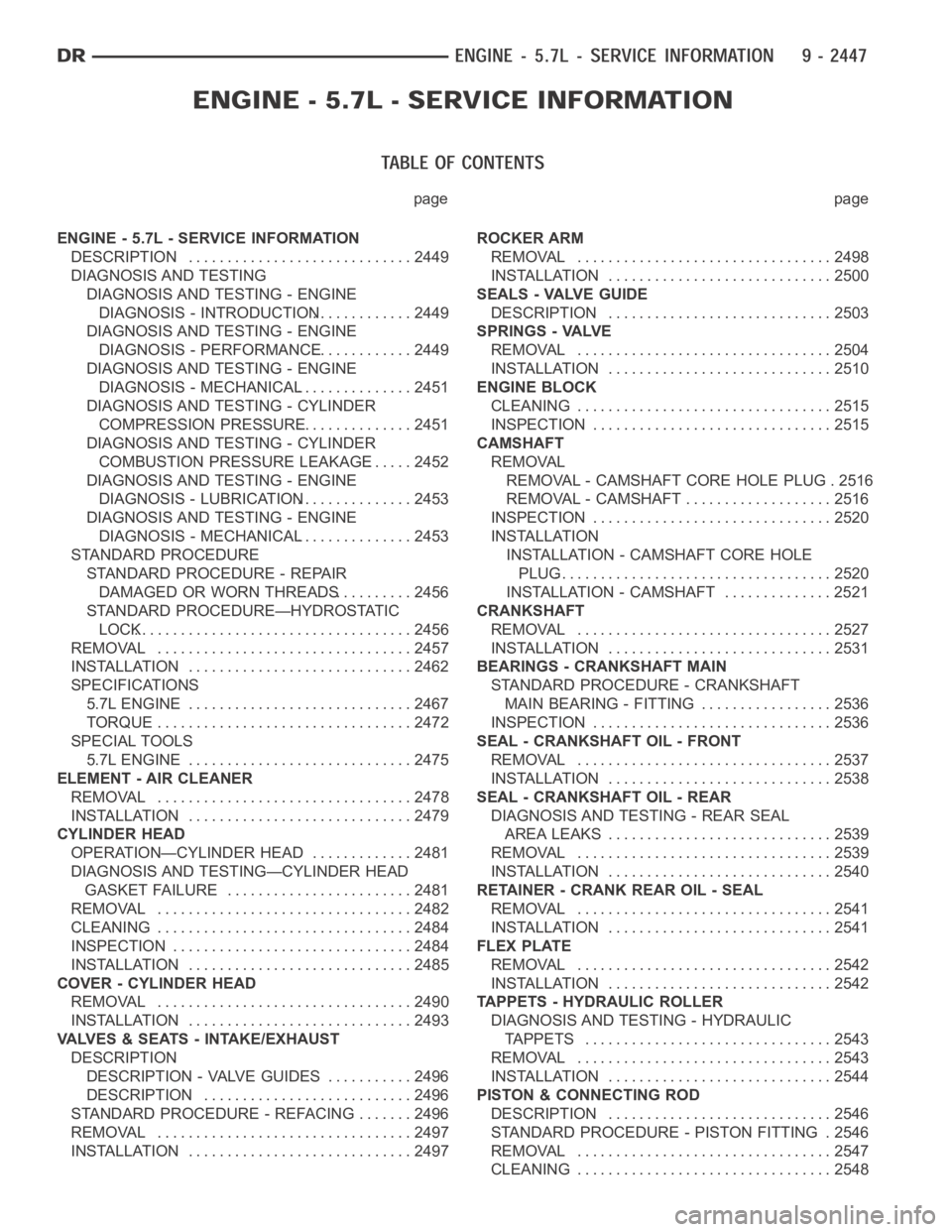 DODGE RAM SRT-10 2006  Service Repair Manual page page
ENGINE - 5.7L - SERVICE INFORMATION
DESCRIPTION ............................. 2449
DIAGNOSIS AND TESTING
DIAGNOSIS AND TESTING - ENGINE
DIAGNOSIS - INTRODUCTION............. 2449
DIAGNOSIS A