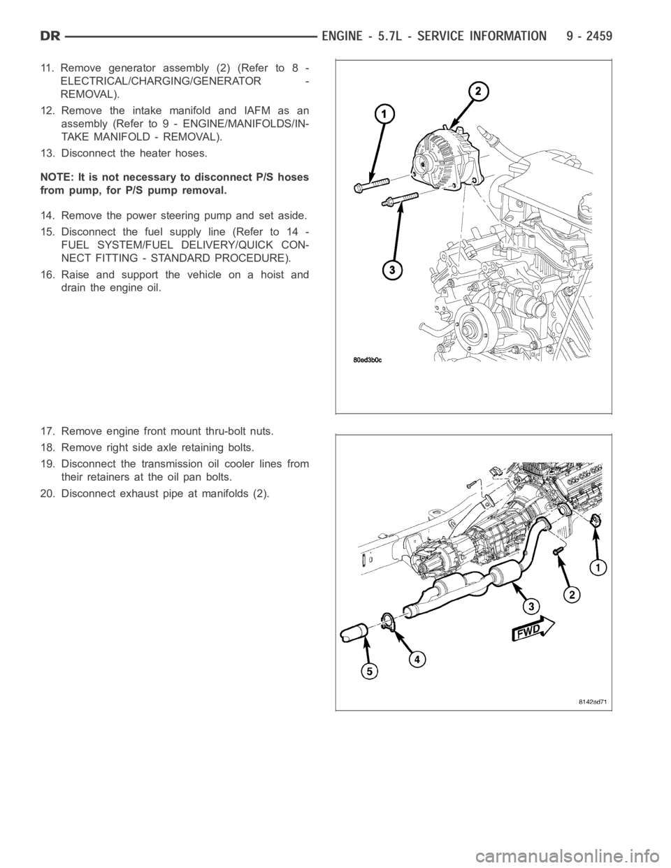 DODGE RAM SRT-10 2006  Service Repair Manual 11. Remove generator assembly (2) (Refer to 8 -
ELECTRICAL/CHARGING/GENERATOR -
REMOVAL).
12. Remove the intake manifold and IAFM as an
assembly (Refer to 9 - ENGINE/MANIFOLDS/IN-
TAKE MANIFOLD - REMO