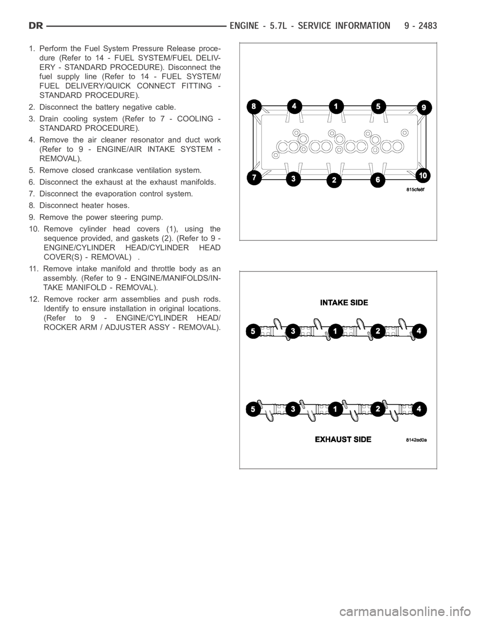 DODGE RAM SRT-10 2006  Service Repair Manual 1. Perform the Fuel System Pressure Release proce-
dure (Refer to 14 - FUEL SYSTEM/FUEL DELIV-
ERY - STANDARD PROCEDURE). Disconnect the
fuelsupplyline(Referto14-FUELSYSTEM/
FUEL DELIVERY/QUICK CONNEC