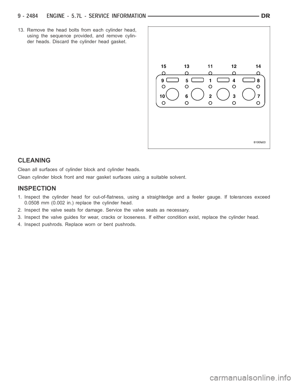 DODGE RAM SRT-10 2006  Service Repair Manual 13. Remove the head bolts from each cylinder head,
using the sequence provided, and remove cylin-
der heads. Discard the cylinder head gasket.
CLEANING
Clean all surfaces of cylinder block and cylinde