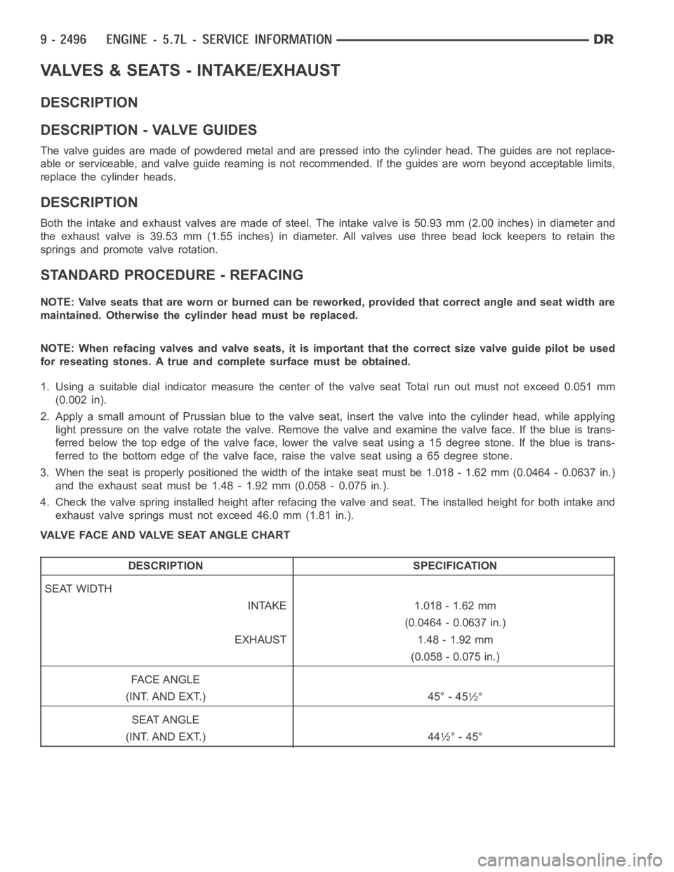 DODGE RAM SRT-10 2006  Service Repair Manual VALVES & SEATS - INTAKE/EXHAUST
DESCRIPTION
DESCRIPTION - VALVE GUIDES
The valve guides are made of powdered metal and are pressed into the cylinder head. The guides are not replace-
able or serviceab