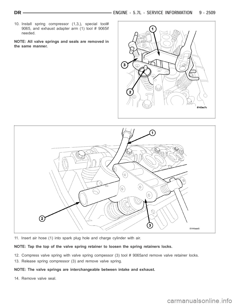 DODGE RAM SRT-10 2006  Service Repair Manual 10. Install spring compressor (1,3,), special tool#
9065, and exhaust adapter arm (1) tool # 9065if
needed.
NOTE: All valve springs and seals are removed in
the same manner.
11. Insert air hose (1) in
