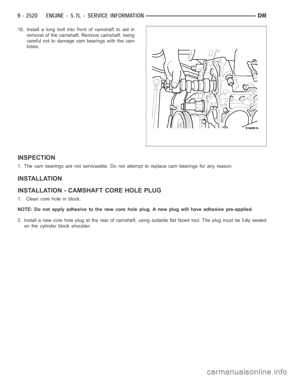 DODGE RAM SRT-10 2006  Service Repair Manual 18. Install a long bolt into front of camshaft to aid in
removal of the camshaft. Remove camshaft, being
careful not to damage cam bearings with the cam
lobes.
INSPECTION
1. The cam bearings are not s