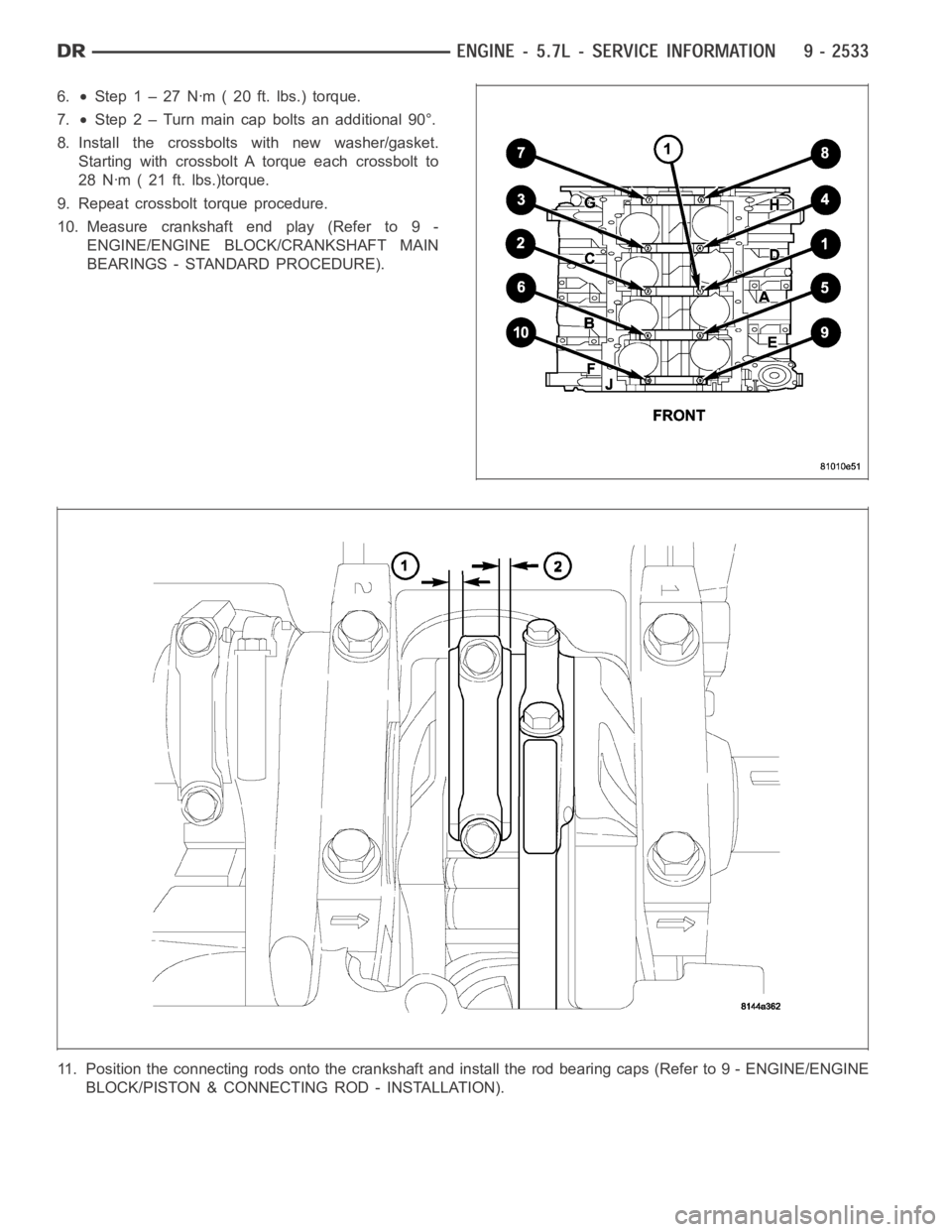 DODGE RAM SRT-10 2006  Service Repair Manual 6.Step 1 – 27 Nꞏm ( 20 ft. lbs.) torque.
7.
Step 2 – Turn main cap bolts an additional 90°.
8. Install the crossbolts with new washer/gasket.
Starting with crossbolt A torque each crossbolt to
