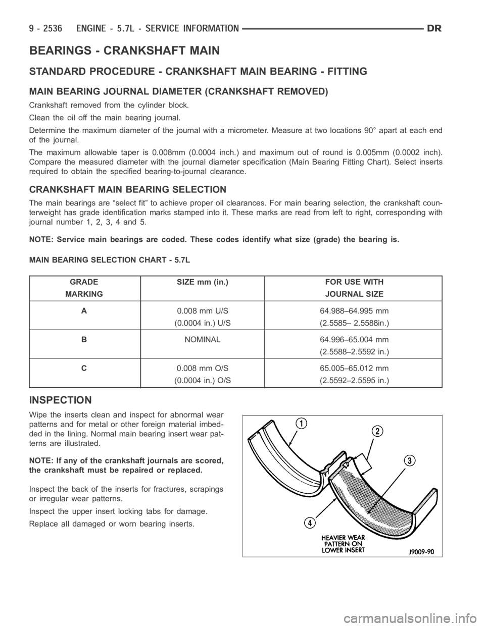 DODGE RAM SRT-10 2006 Service Repair Manual BEARINGS - CRANKSHAFT MAIN
STANDARD PROCEDURE - CRANKSHAFT MAIN BEARING - FITTING
MAIN BEARING JOURNAL DIAMETER (CRANKSHAFT REMOVED)
Crankshaft removed from the cylinder block.
Clean the oil off the m DODGE RAM SRT-10 2006 Service Repair Manual BEARINGS - CRANKSHAFT MAIN
STANDARD PROCEDURE - CRANKSHAFT MAIN BEARING - FITTING
MAIN BEARING JOURNAL DIAMETER (CRANKSHAFT REMOVED)
Crankshaft removed from the cylinder block.
Clean the oil off the m