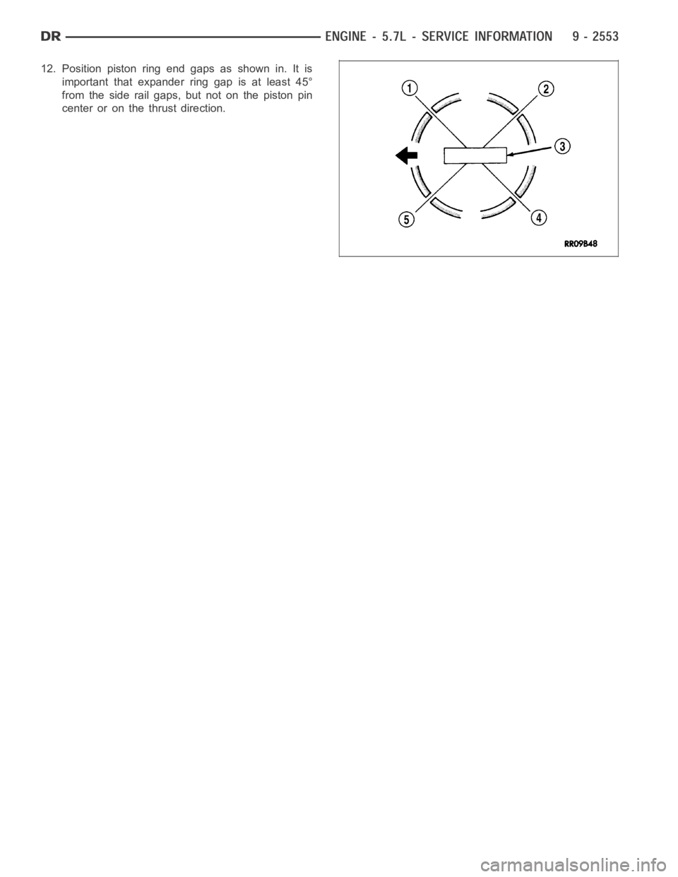 DODGE RAM SRT-10 2006  Service Repair Manual 12. Position piston ring end gaps as shown in. It is
important that expander ring gap is at least 45°
from the side rail gaps, but not on the piston pin
center or on the thrust direction. 