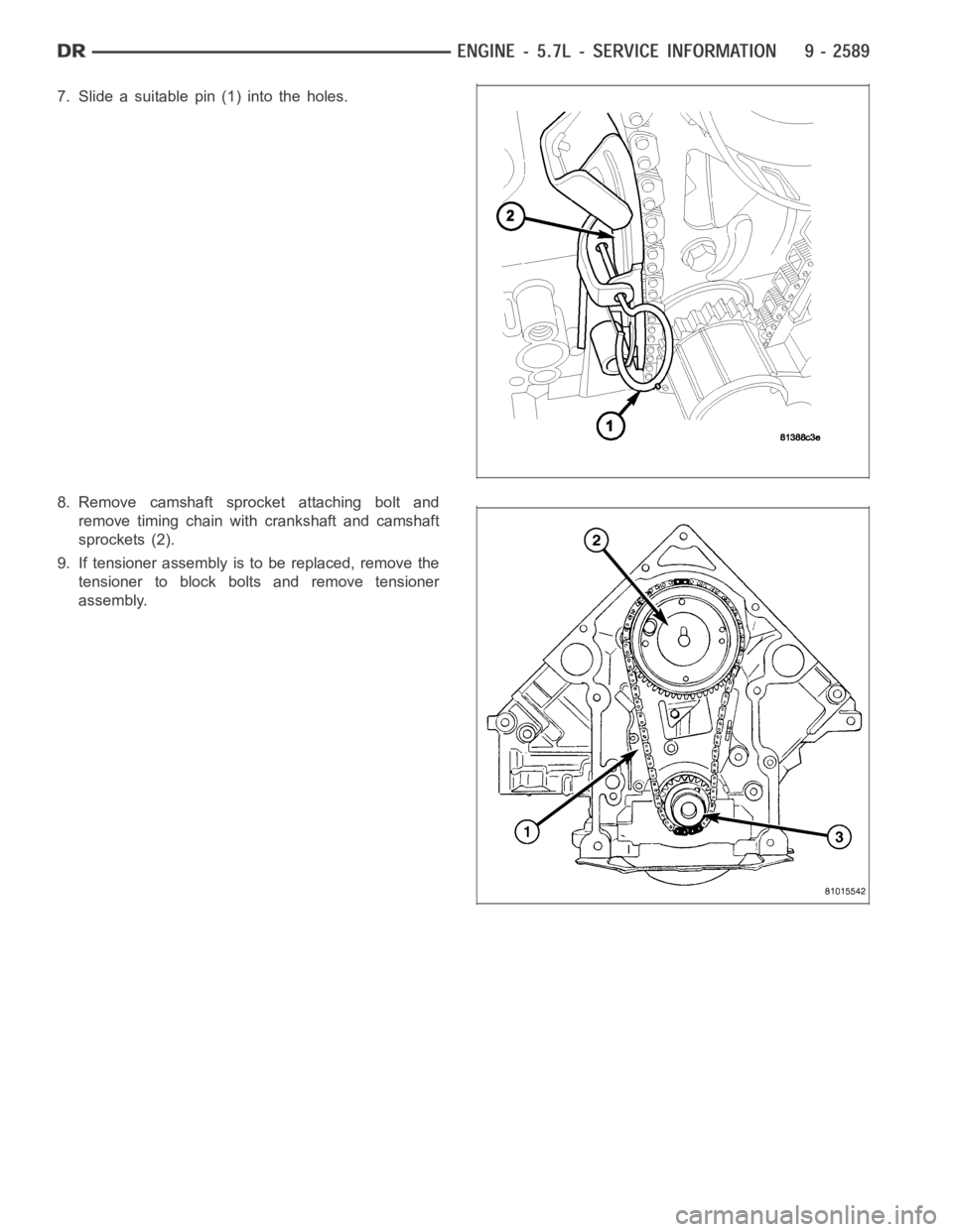 DODGE RAM SRT-10 2006  Service Repair Manual 7. Slide a suitable pin (1) into the holes.
8. Remove camshaft sprocket attaching bolt and
remove timing chain with crankshaft and camshaft
sprockets (2).
9. If tensioner assembly is to be replaced, r