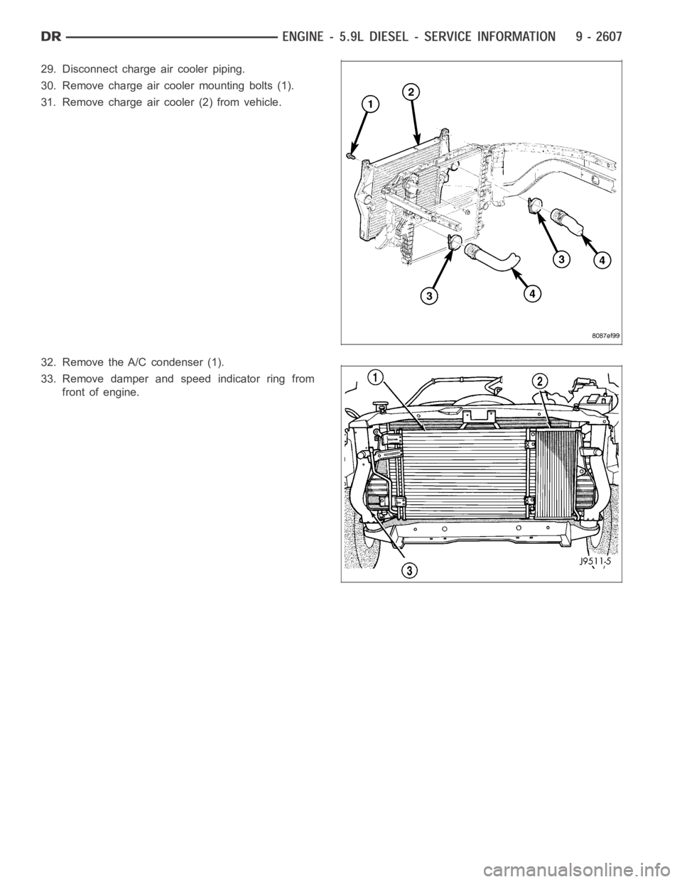 DODGE RAM SRT-10 2006  Service Repair Manual 29. Disconnect charge air cooler piping.
30. Remove charge air cooler mounting bolts (1).
31. Remove charge air cooler (2) from vehicle.
32. Remove the A/C condenser (1).
33. Remove damper and speed i