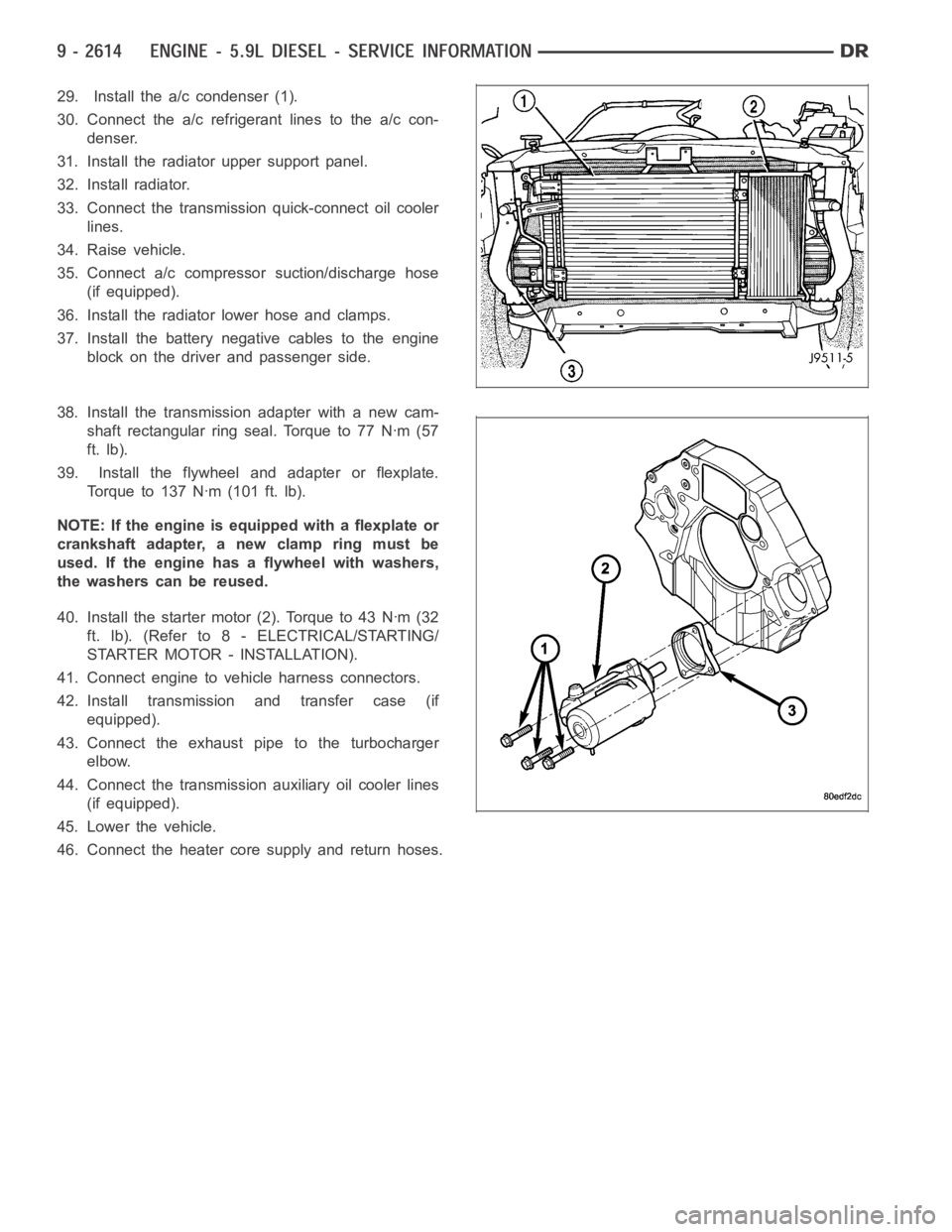 DODGE RAM SRT-10 2006 Service Repair Manual 29. Install the a/c condenser (1).
30. Connect the a/c refrigerant lines to the a/c con-
denser.
31. Install the radiator upper support panel.
32. Install radiator.
33. Connect the transmission quick- DODGE RAM SRT-10 2006 Service Repair Manual 29. Install the a/c condenser (1).
30. Connect the a/c refrigerant lines to the a/c con-
denser.
31. Install the radiator upper support panel.
32. Install radiator.
33. Connect the transmission quick-
