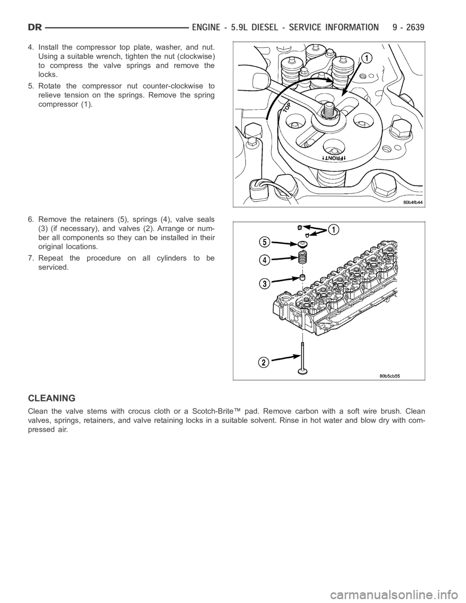 DODGE RAM SRT-10 2006  Service Repair Manual 4. Install the compressor top plate, washer, and nut.
Using a suitable wrench, tighten the nut (clockwise)
to compress the valve springs and remove the
locks.
5. Rotate the compressor nut counter-cloc