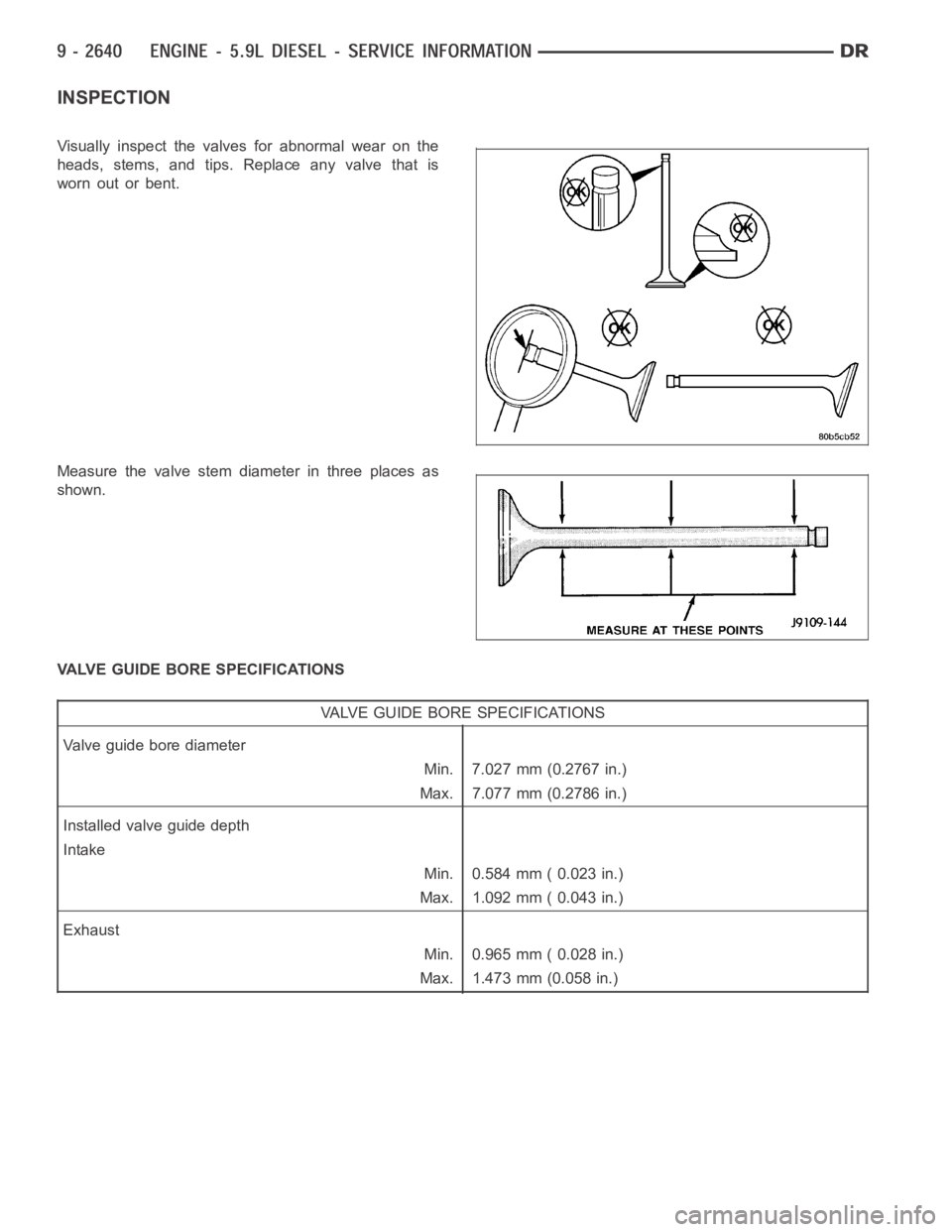 DODGE RAM SRT-10 2006  Service Repair Manual INSPECTION
Visually inspect the valves for abnormal wear on the
heads, stems, and tips. Replace any valve that is
worn out or bent.
Measure the valve stem diameter in three places as
shown.
VALVE GUID