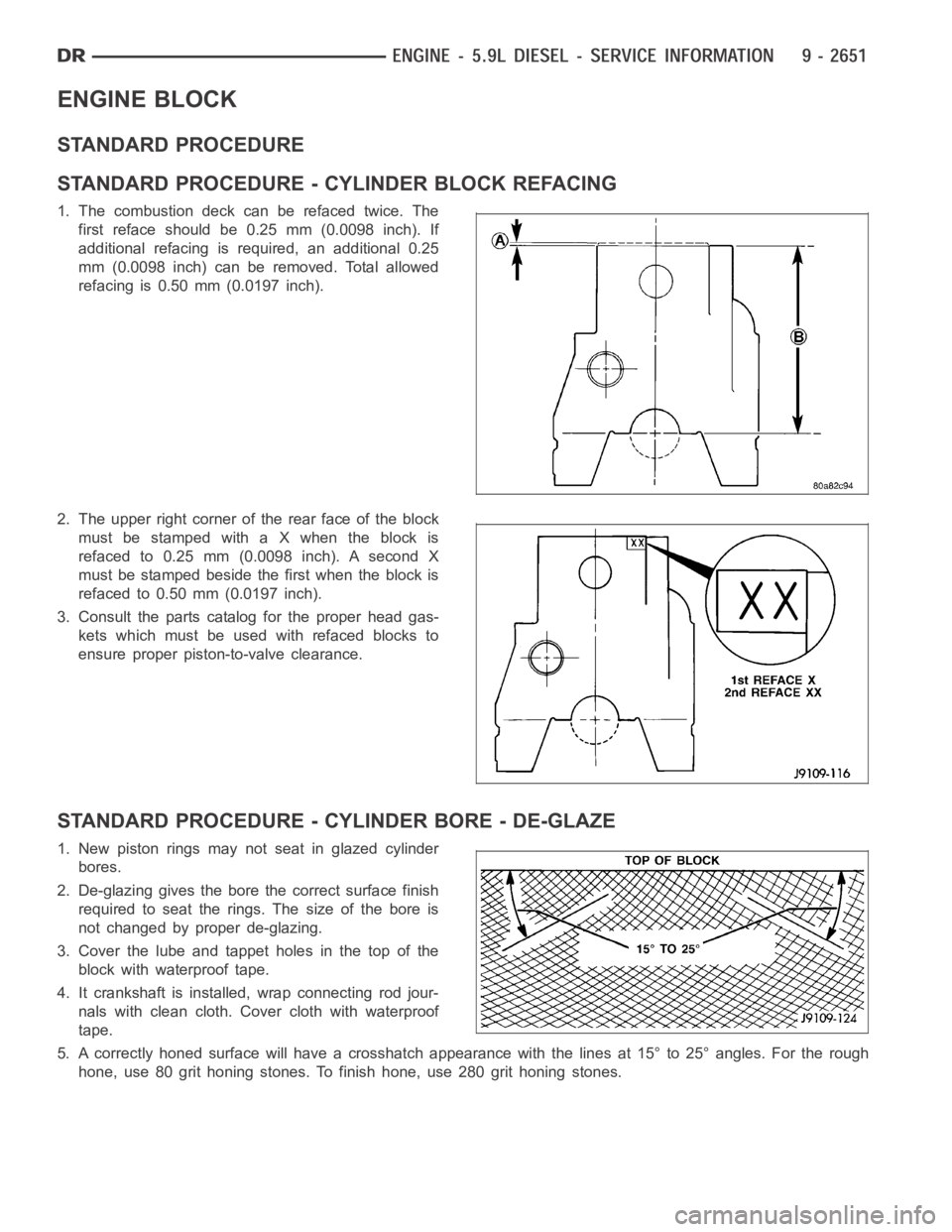 DODGE RAM SRT-10 2006  Service Repair Manual ENGINE BLOCK
STANDARD PROCEDURE
STANDARD PROCEDURE - CYLINDER BLOCK REFACING
1. The combustion deck can be refaced twice. The
first reface should be 0.25 mm (0.0098 inch). If
additional refacing is re