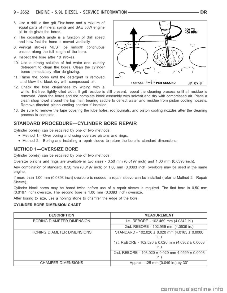 DODGE RAM SRT-10 2006  Service Repair Manual 6. Use a drill, a fine grit Flex-hone and a mixture of
equal parts of mineral spirits and SAE 30W engine
oil to de-glaze the bores.
7. The crosshatch angle is a function of drill speed
and how fast th