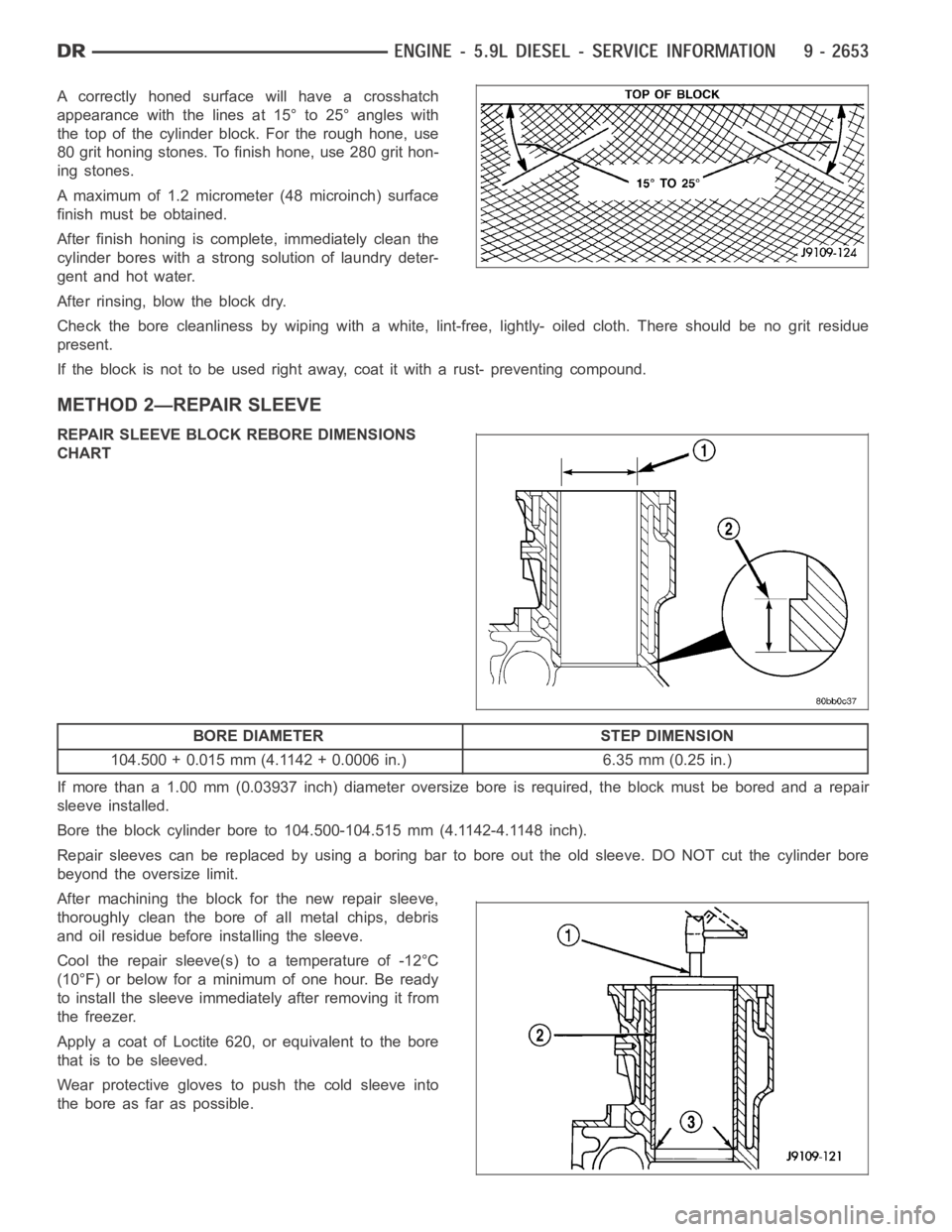 DODGE RAM SRT-10 2006  Service Repair Manual A correctly honed surface will have a crosshatch
appearance with the lines at 15° to 25° angles with
the top of the cylinder block. For the rough hone, use
80 grit honing stones. To finish hone, use
