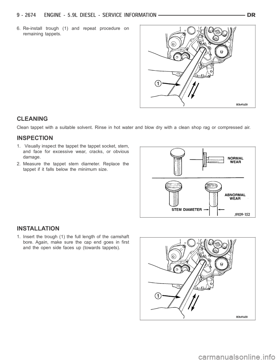 DODGE RAM SRT-10 2006  Service Repair Manual 6. Re-install trough (1) and repeat procedure on
remaining tappets.
CLEANING
Clean tappet with a suitable solvent. Rinse in hot water and blow dry with a clean shop rag or compressed air.
INSPECTION
1