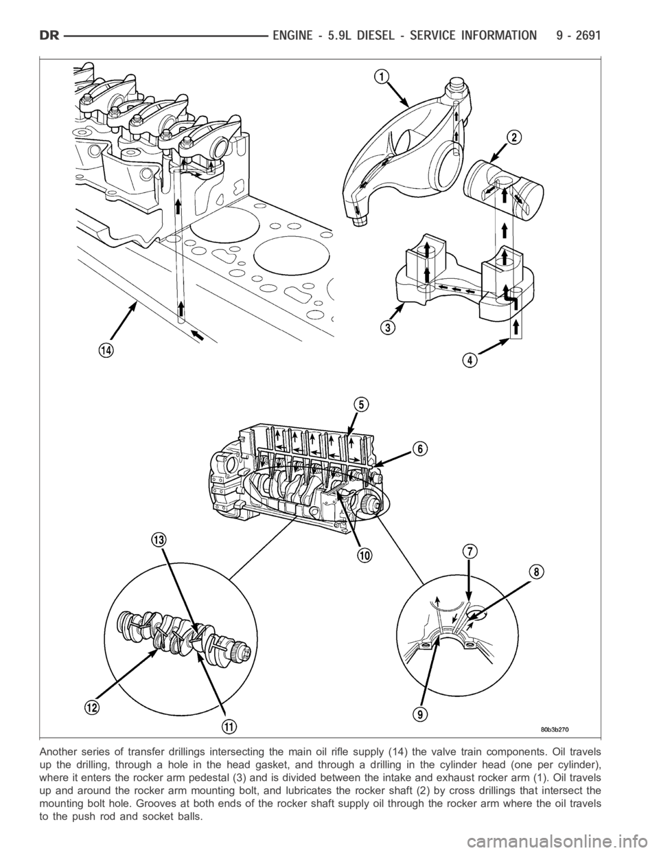 DODGE RAM SRT-10 2006  Service Repair Manual Another series of transfer drillings intersecting the main oil rifle supply (14) the valve train components. Oil travels
up the drilling, through a hole in thehead gasket, and through a drilling inthe