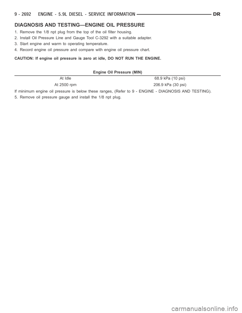 DODGE RAM SRT-10 2006  Service Repair Manual DIAGNOSIS AND TESTING—ENGINE OIL PRESSURE
1. Remove the 1/8 npt plug from the top of the oil filter housing.
2. Install Oil Pressure Line and Gauge Tool C-3292 with a suitable adapter.
3. Start engi