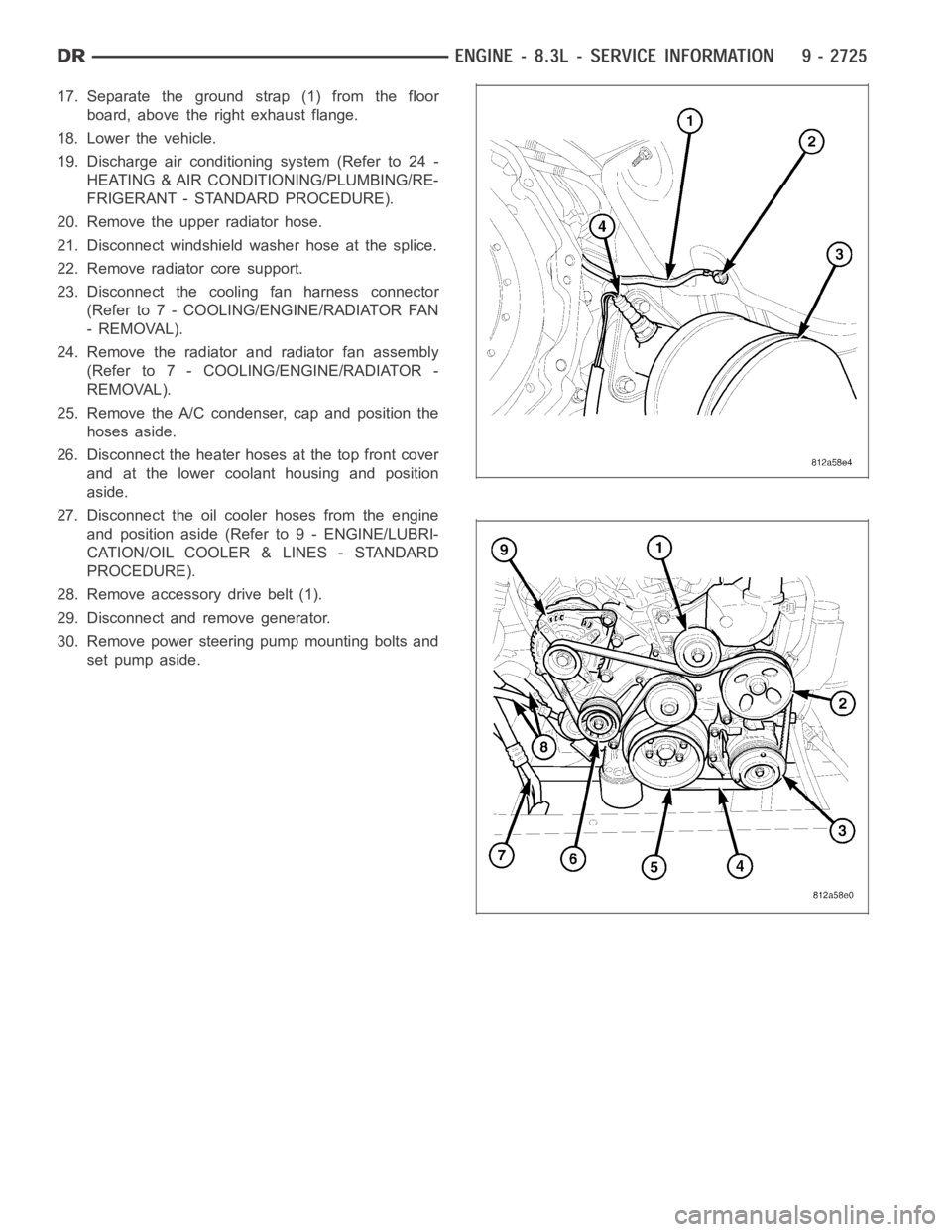 DODGE RAM SRT-10 2006 Service Repair Manual 17. Separate the ground strap (1) from the floor
board, above the right exhaust flange.
18. Lower the vehicle.
19. Discharge air conditioning system (Refer to 24 -
HEATING & AIR CONDITIONING/PLUMBING/ DODGE RAM SRT-10 2006 Service Repair Manual 17. Separate the ground strap (1) from the floor
board, above the right exhaust flange.
18. Lower the vehicle.
19. Discharge air conditioning system (Refer to 24 -
HEATING & AIR CONDITIONING/PLUMBING/