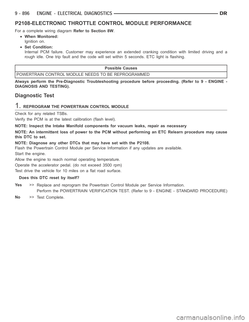 DODGE RAM SRT-10 2006  Service Repair Manual P2108-ELECTRONIC THROTTLE CONTROL MODULE PERFORMANCE
For a complete wiring diagramRefer to Section 8W.
When Monitored:
Ignition on.
Set Condition:
Internal PCM failure. Customer may experience an exte