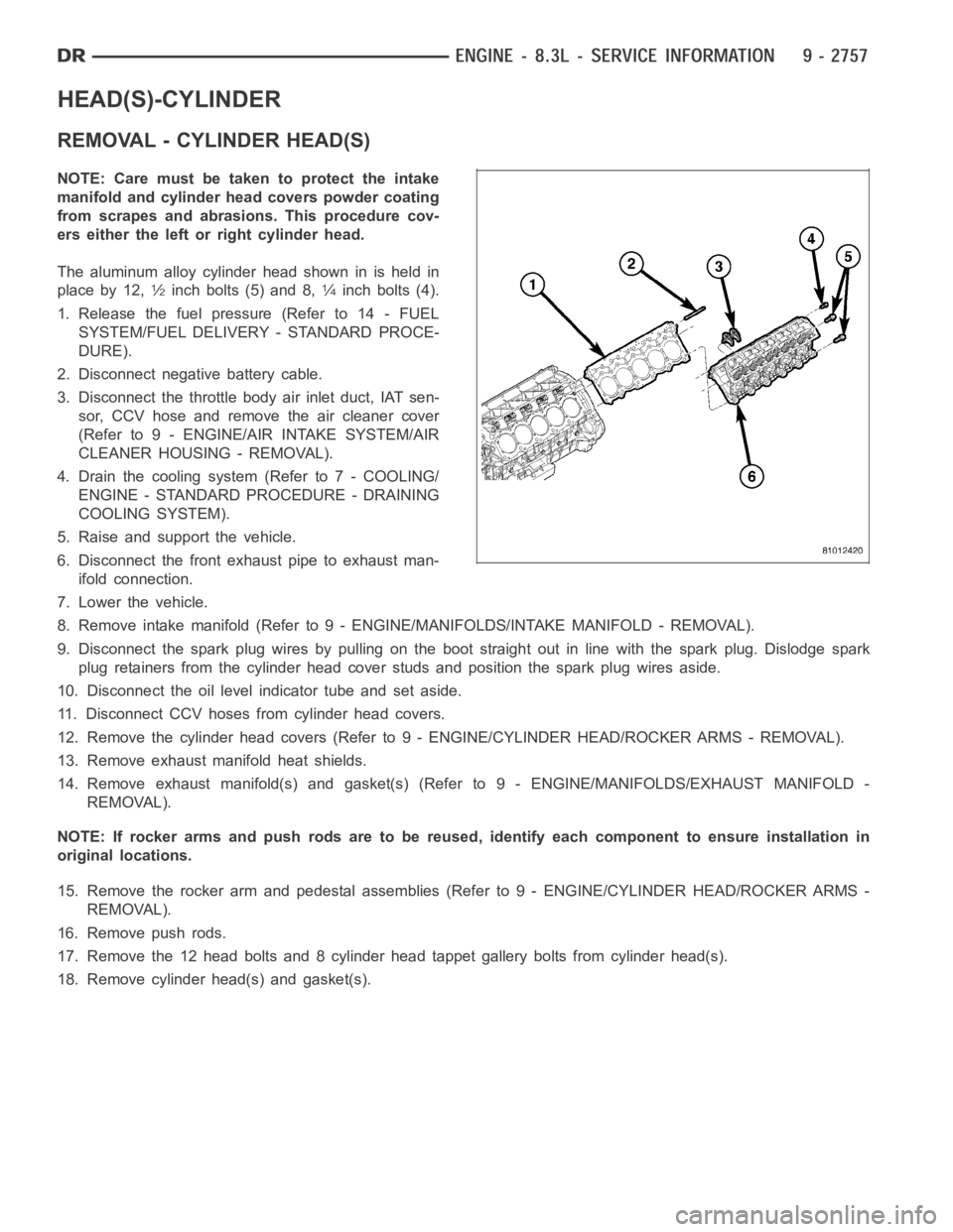 DODGE RAM SRT-10 2006 Service Repair Manual HEAD(S)-CYLINDER
REMOVAL - CYLINDER HEAD(S)
NOTE: Care must be taken to protect the intake
manifold and cylinder head covers powder coating
from scrapes and abrasions. This procedure cov-
ers either t DODGE RAM SRT-10 2006 Service Repair Manual HEAD(S)-CYLINDER
REMOVAL - CYLINDER HEAD(S)
NOTE: Care must be taken to protect the intake
manifold and cylinder head covers powder coating
from scrapes and abrasions. This procedure cov-
ers either t
