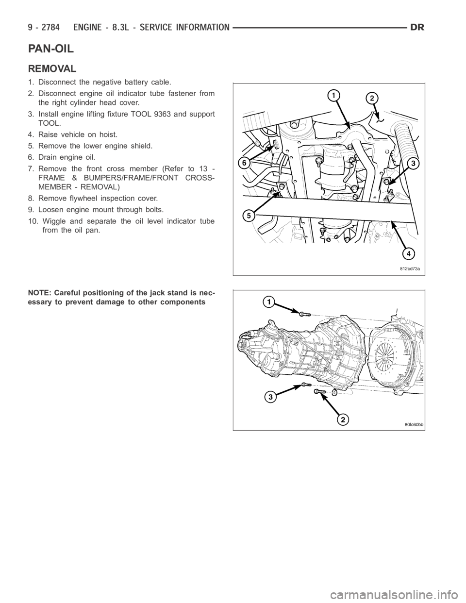 DODGE RAM SRT-10 2006  Service Repair Manual PA N - O I L
REMOVAL
1. Disconnect the negative battery cable.
2. Disconnect engine oil indicator tube fastener from
the right cylinder head cover.
3. Install engine lifting fixture TOOL 9363 and supp