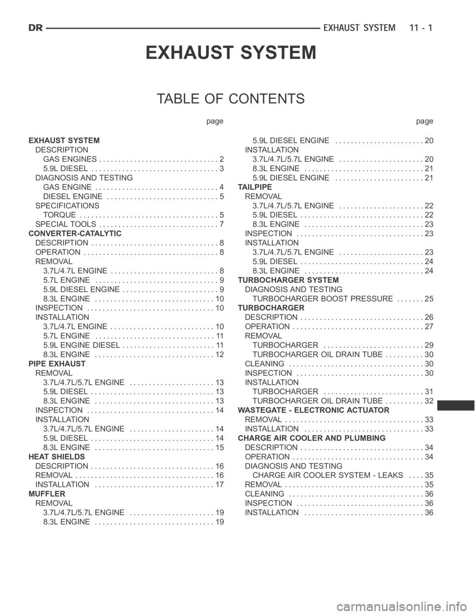 DODGE RAM SRT-10 2006  Service Repair Manual EXHAUST SYSTEM
TABLE OF CONTENTS
page page
EXHAUST SYSTEM
DESCRIPTION
GAS ENGINES ............................... 2
5.9L DIESEL ................................. 3
DIAGNOSIS AND TESTING
GAS ENGINE ...