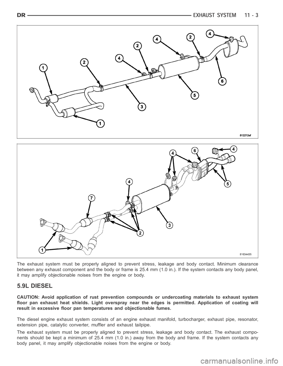 DODGE RAM SRT-10 2006 Service Repair Manual The exhaust system must be properly aligned to prevent stress, leakage andbody contact. Minimum clearance
between any exhaust component and the body or frame is 25.4 mm (1.0 in.). If the system contac DODGE RAM SRT-10 2006 Service Repair Manual The exhaust system must be properly aligned to prevent stress, leakage andbody contact. Minimum clearance
between any exhaust component and the body or frame is 25.4 mm (1.0 in.). If the system contac