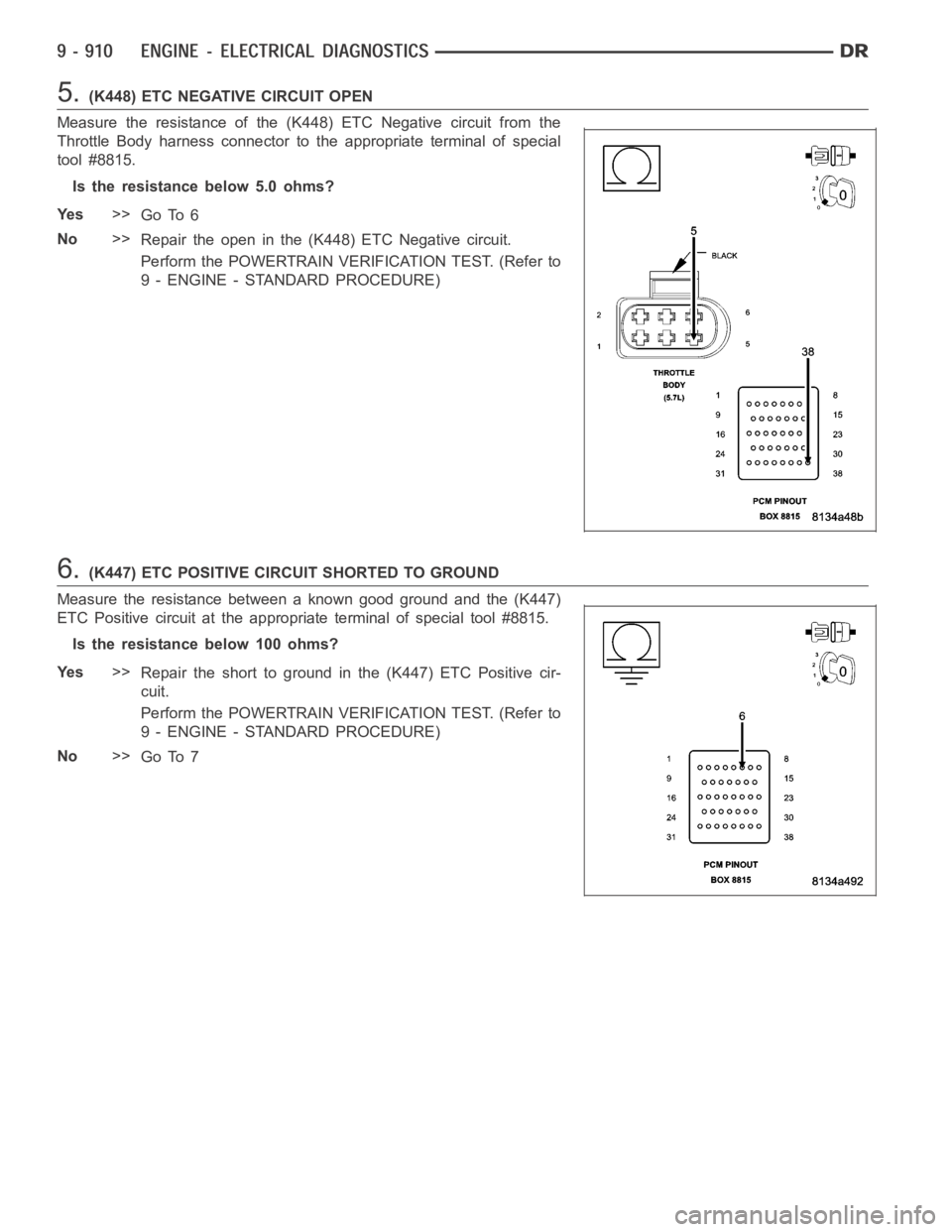 DODGE RAM SRT-10 2006  Service Repair Manual 5.(K448) ETC NEGATIVE CIRCUIT OPEN
Measure the resistance of the (K448) ETC Negative circuit from the
Throttle Body harness connector to the appropriate terminal of special
tool #8815.
Is the resistan