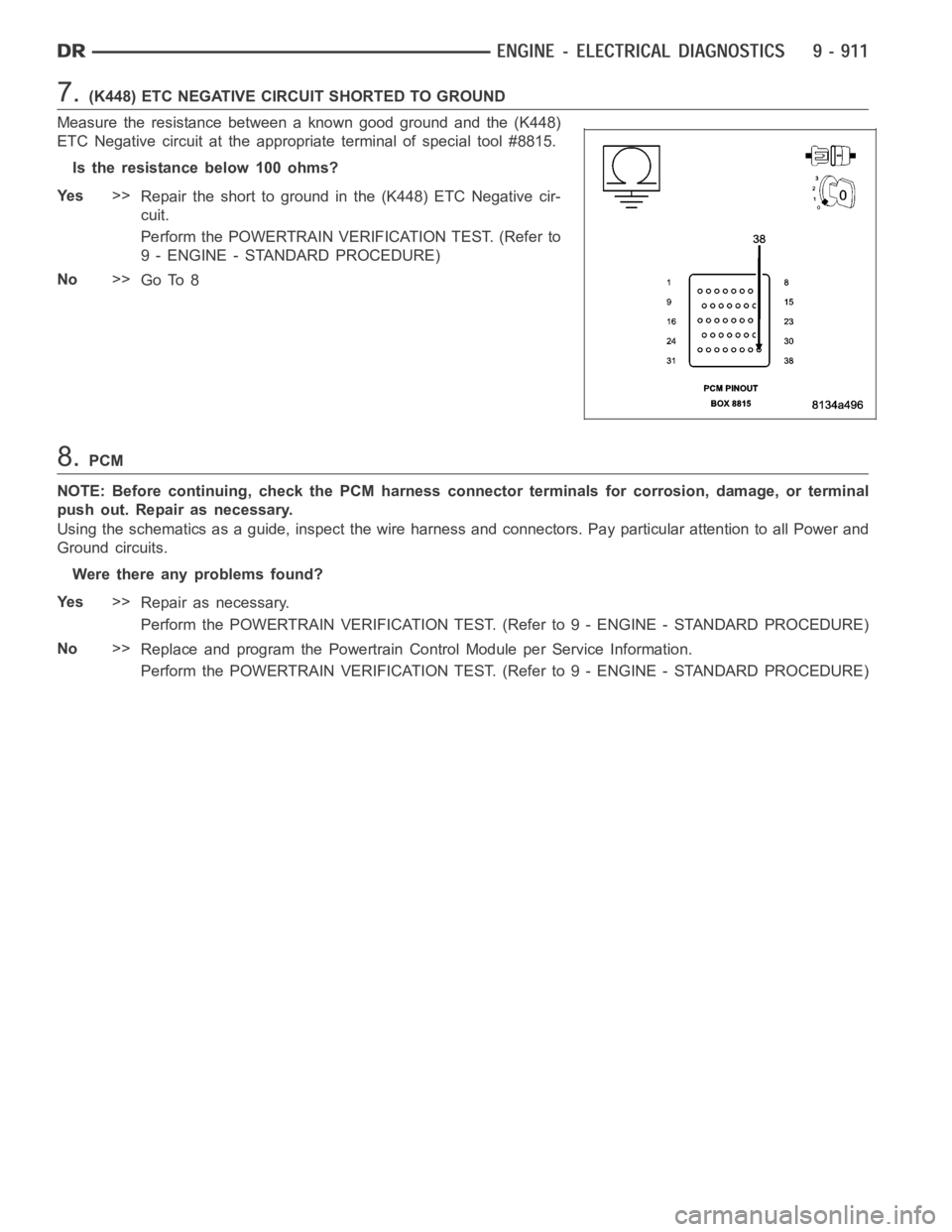 DODGE RAM SRT-10 2006  Service Repair Manual 7.(K448) ETC NEGATIVE CIRCUIT SHORTED TO GROUND
Measure the resistance between a known good ground and the (K448)
ETC Negative circuit at the appropriate terminal of special tool #8815.
Istheresistanc