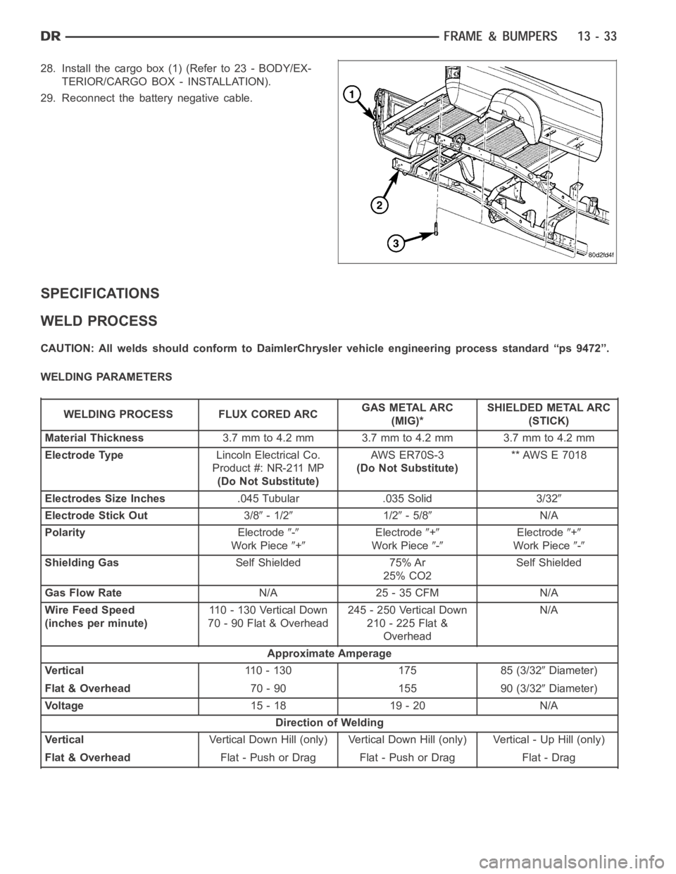 DODGE RAM SRT-10 2006 Service Repair Manual 28. Install the cargo box (1) (Refer to 23 - BODY/EX-
TERIOR/CARGO BOX - INSTALLATION).
29. Reconnect the battery negative cable.
SPECIFICATIONS
WELD PROCESS
CAUTION: All welds should conform to Daiml DODGE RAM SRT-10 2006 Service Repair Manual 28. Install the cargo box (1) (Refer to 23 - BODY/EX-
TERIOR/CARGO BOX - INSTALLATION).
29. Reconnect the battery negative cable.
SPECIFICATIONS
WELD PROCESS
CAUTION: All welds should conform to Daiml