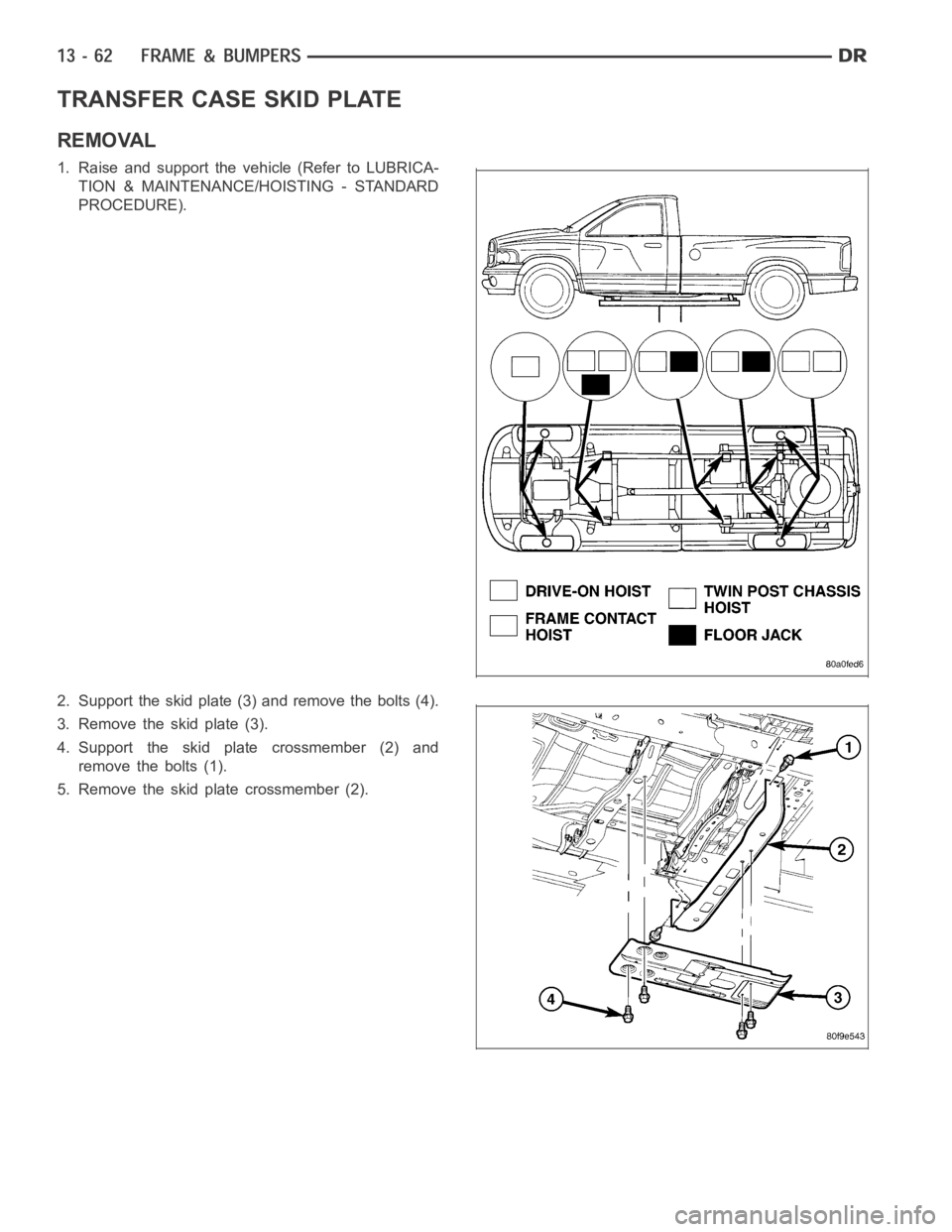 DODGE RAM SRT-10 2006  Service Repair Manual TRANSFER CASE SKID PLATE
REMOVAL
1. Raise and support the vehicle (Refer to LUBRICA-
TION & MAINTENANCE/HOISTING - STANDARD
PROCEDURE).
2. Support the skid plate (3) and remove the bolts (4).
3. Remov
