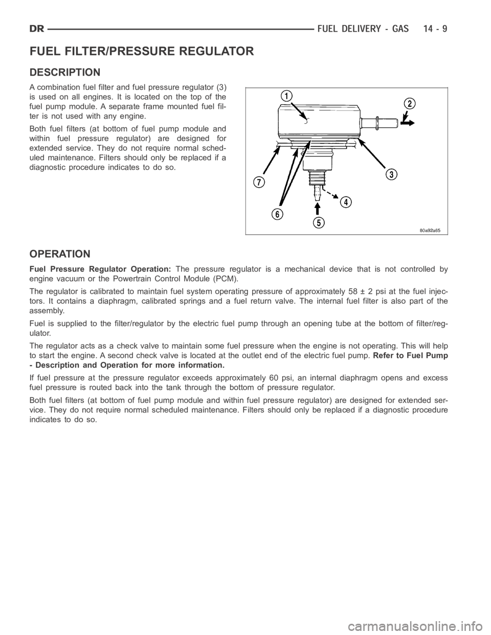 DODGE RAM SRT-10 2006  Service Repair Manual FUEL FILTER/PRESSURE REGULATOR
DESCRIPTION
A combination fuel filter and fuel pressure regulator (3)
is used on all engines. It is located on the top of the
fuel pump module. A separate frame mounted 