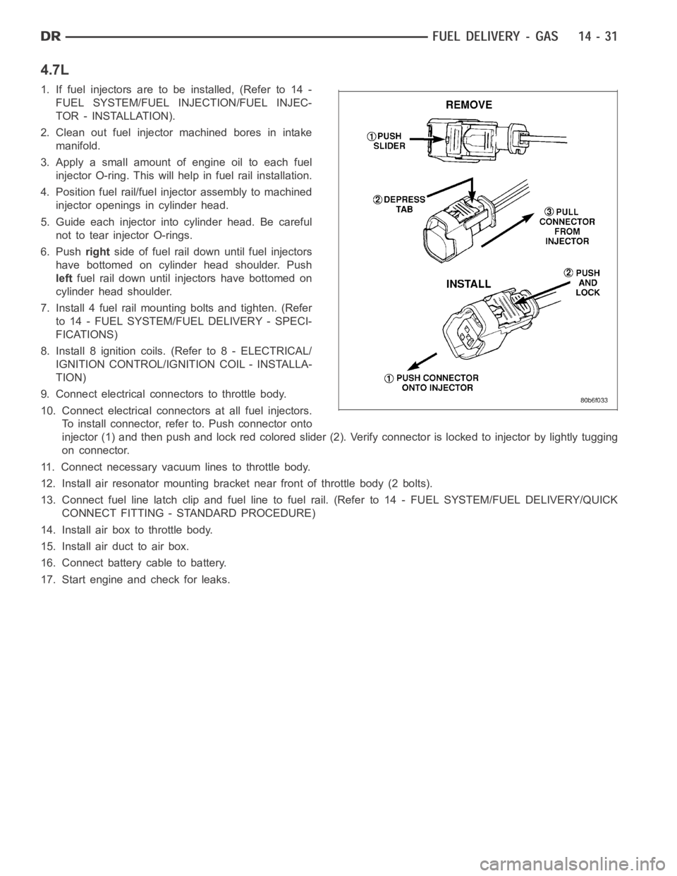 DODGE RAM SRT-10 2006 Service Repair Manual 4.7L
1. If fuel injectors are to be installed, (Refer to 14 -
FUEL SYSTEM/FUEL INJECTION/FUEL INJEC-
TOR - INSTALLATION).
2. Clean out fuel injector machined bores in intake
manifold.
3. Apply a small DODGE RAM SRT-10 2006 Service Repair Manual 4.7L
1. If fuel injectors are to be installed, (Refer to 14 -
FUEL SYSTEM/FUEL INJECTION/FUEL INJEC-
TOR - INSTALLATION).
2. Clean out fuel injector machined bores in intake
manifold.
3. Apply a small