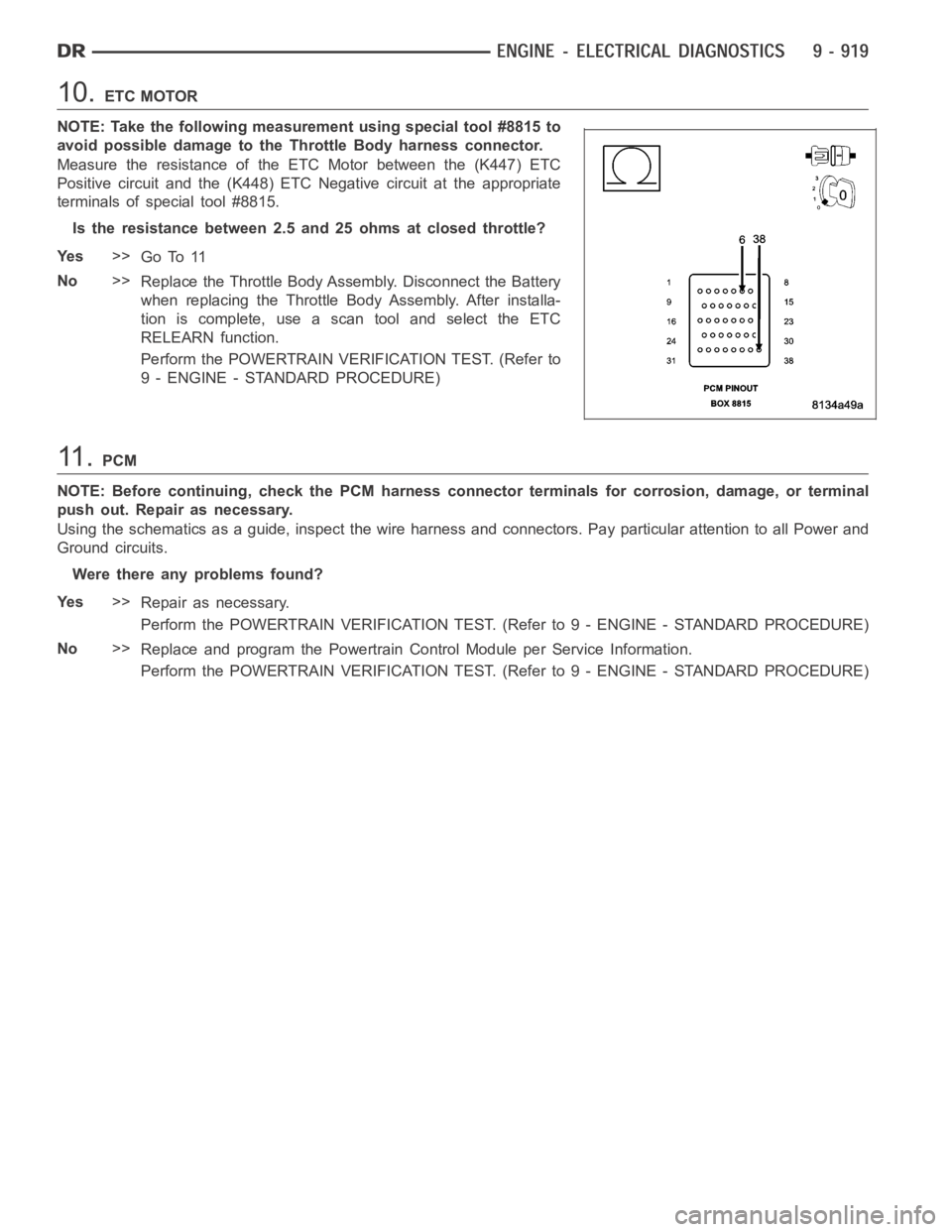 DODGE RAM SRT-10 2006 Service Repair Manual 10.ETC MOTOR
NOTE: Take the following measurement using special tool #8815 to
avoid possible damage to the Throttle Body harness connector.
Measure the resistance of the ETC Motor between the (K447) E DODGE RAM SRT-10 2006 Service Repair Manual 10.ETC MOTOR
NOTE: Take the following measurement using special tool #8815 to
avoid possible damage to the Throttle Body harness connector.
Measure the resistance of the ETC Motor between the (K447) E