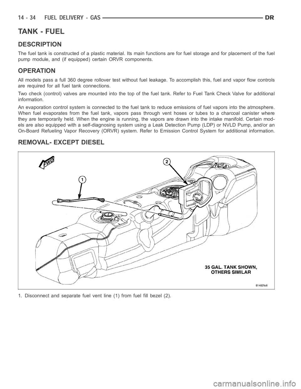 DODGE RAM SRT-10 2006 Service Repair Manual TA N K - F U E L
DESCRIPTION
The fuel tank is constructed of a plastic material. Its main functions are for fuel storage and for placement of the fuel
pump module, and (if equipped) certain ORVR compo DODGE RAM SRT-10 2006 Service Repair Manual TA N K - F U E L
DESCRIPTION
The fuel tank is constructed of a plastic material. Its main functions are for fuel storage and for placement of the fuel
pump module, and (if equipped) certain ORVR compo