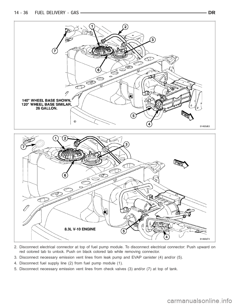 DODGE RAM SRT-10 2006  Service Repair Manual 2. Disconnect electrical connector at top of fuel pump module. To disconnect electrical connector: Push upward on
red colored tab to unlock. Push on black colored tab while removing connector.
3. Disc