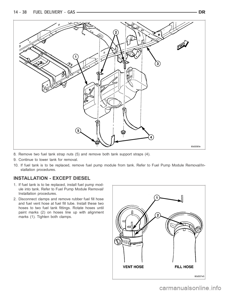 DODGE RAM SRT-10 2006  Service Repair Manual 8. Remove two fuel tank strap nuts (5) and remove both tank support straps (4).
9. Continue to lower tank for removal.
10. If fuel tank is to be replaced, remove fuel pump module from tank. Refer to F