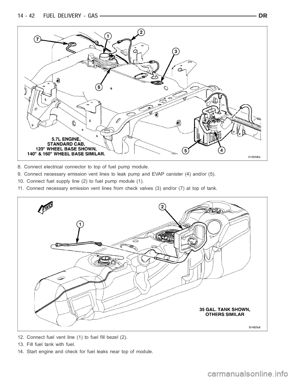 DODGE RAM SRT-10 2006  Service Repair Manual 8. Connect electrical connector to top of fuel pump module.
9. Connect necessary emission vent lines to leak pump and EVAP canister (4)and/or (5).
10. Connect fuel supply line (2) to fuel pump module 