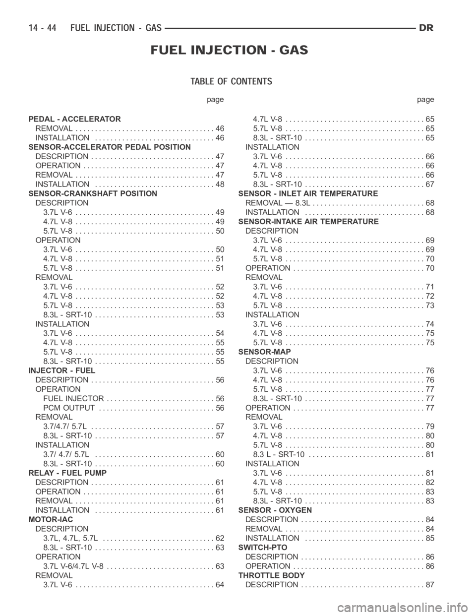 DODGE RAM SRT-10 2006  Service Repair Manual page page
PEDAL - ACCELERATOR
REMOVAL .................................... 46
INSTALLATION ............................... 46
SENSOR-ACCELERATOR PEDAL POSITION
DESCRIPTION ............................