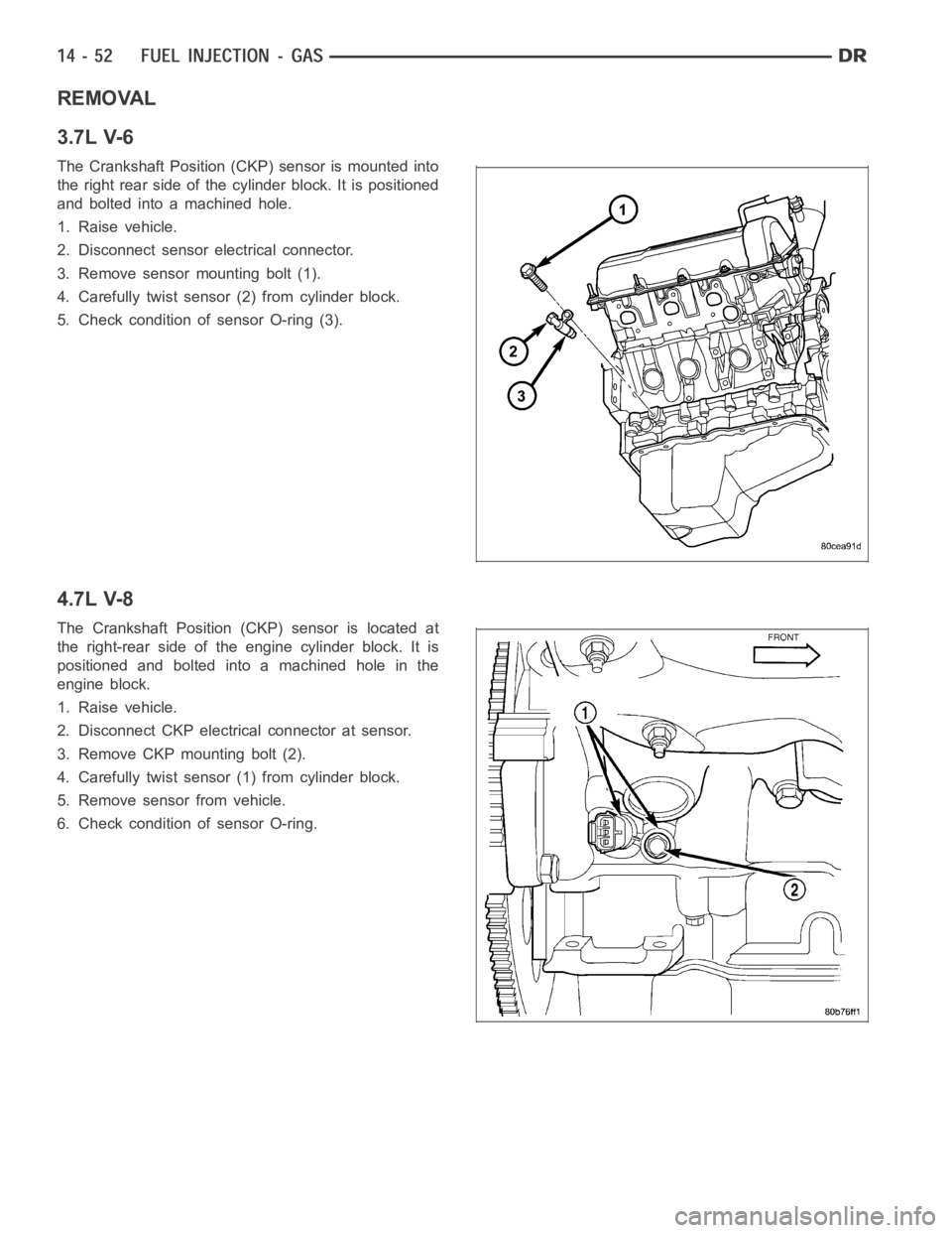 DODGE RAM SRT-10 2006  Service Repair Manual REMOVAL
3.7L V-6
The Crankshaft Position (CKP) sensor is mounted into
the right rear side of the cylinder block. It is positioned
and bolted into a machined hole.
1. Raise vehicle.
2. Disconnect senso