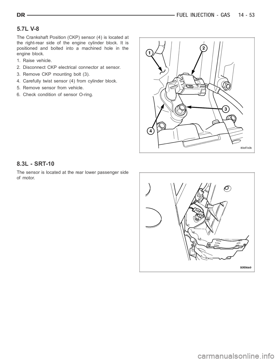 DODGE RAM SRT-10 2006  Service Repair Manual 5.7L V-8
The Crankshaft Position (CKP) sensor (4) is located at
the right-rear side of the engine cylinder block. It is
positioned and bolted into a machined hole in the
engine block.
1. Raise vehicle