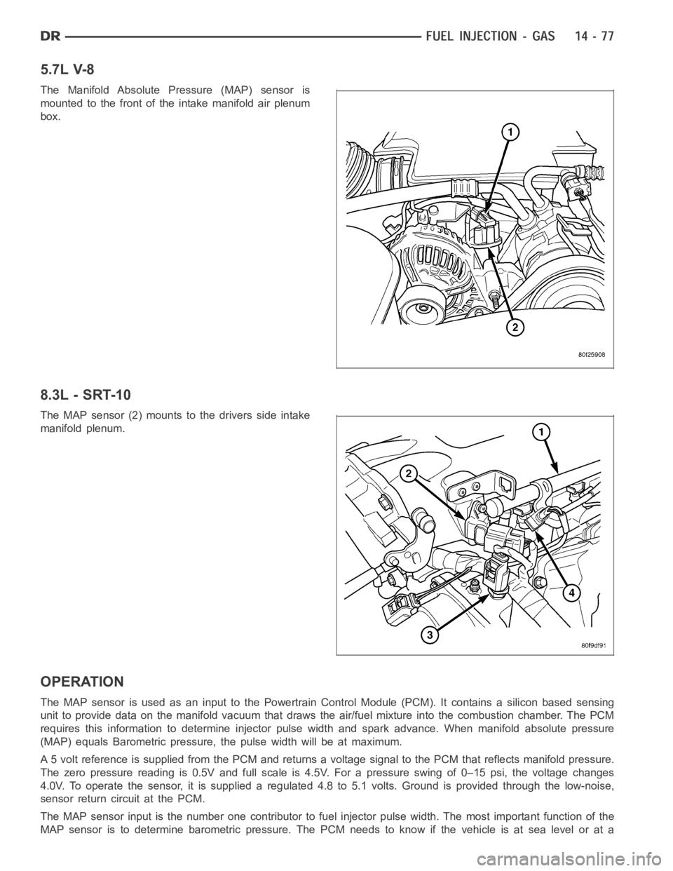 DODGE RAM SRT-10 2006 Service Repair Manual 5.7L V-8
The Manifold Absolute Pressure (MAP) sensor is
mounted to the front of the intake manifold air plenum
box.
8.3L - SRT-10
The MAP sensor (2) mounts to the drivers side intake
manifold plenum.
DODGE RAM SRT-10 2006 Service Repair Manual 5.7L V-8
The Manifold Absolute Pressure (MAP) sensor is
mounted to the front of the intake manifold air plenum
box.
8.3L - SRT-10
The MAP sensor (2) mounts to the drivers side intake
manifold plenum.